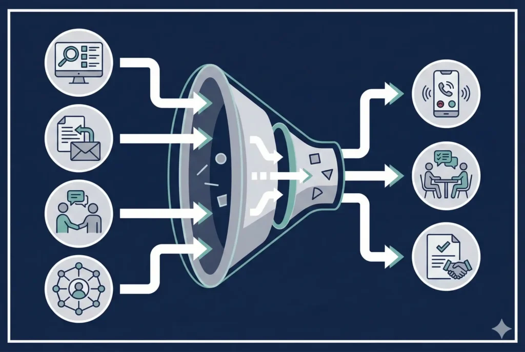 Simple visual showing a multi-channel job search pipeline: job sites, direct applications, recruiters and LinkedIn feeding into interviews.