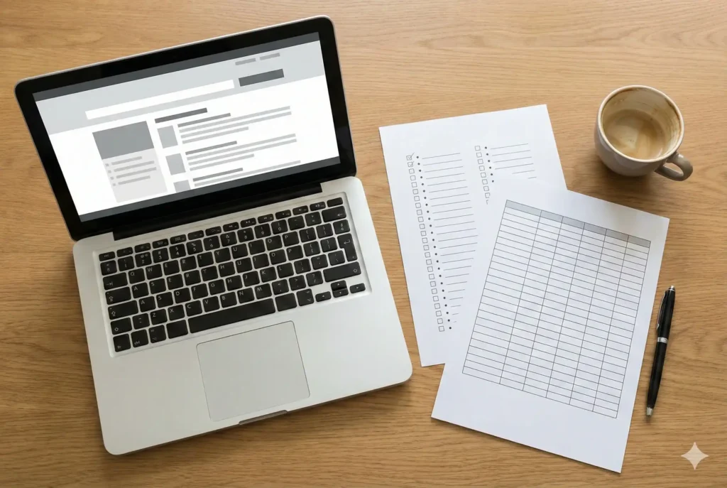 Desk scene with a weekly job application checklist and a simple tracker sheet beside a laptop, designed to support consistent applications.