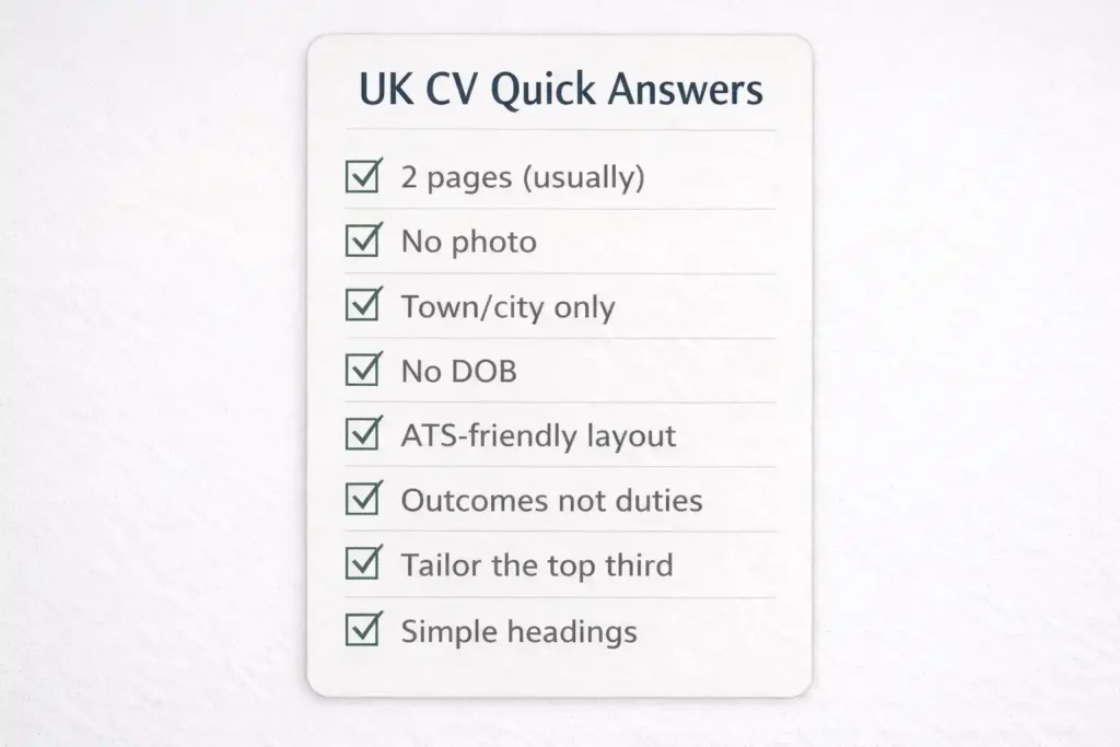 UK CV quick answers checklist (2026)