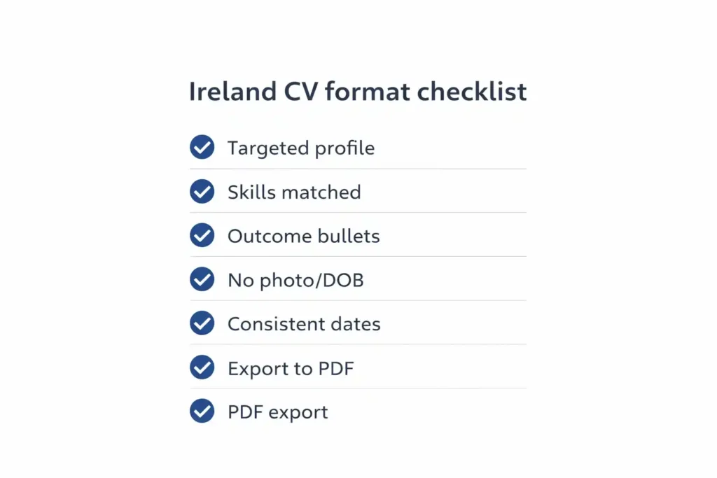 Ireland CV format checklist (2026) with quick checks for structure, tailoring and PDF export