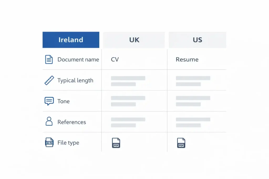 Ireland CV format comparison infographic: Ireland vs UK vs US CV and resume terminology