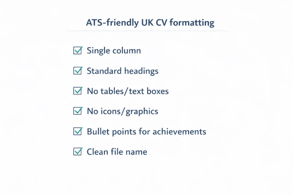 Checklist graphic summarising ATS-friendly UK CV formatting rules like single column, standard headings, and no tables or icons.