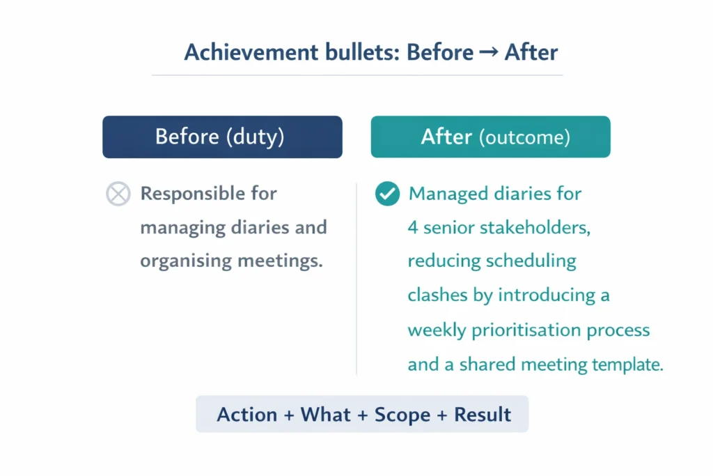 Side-by-side example showing a duty-based CV bullet rewritten into an outcome-based achievement bullet with results.