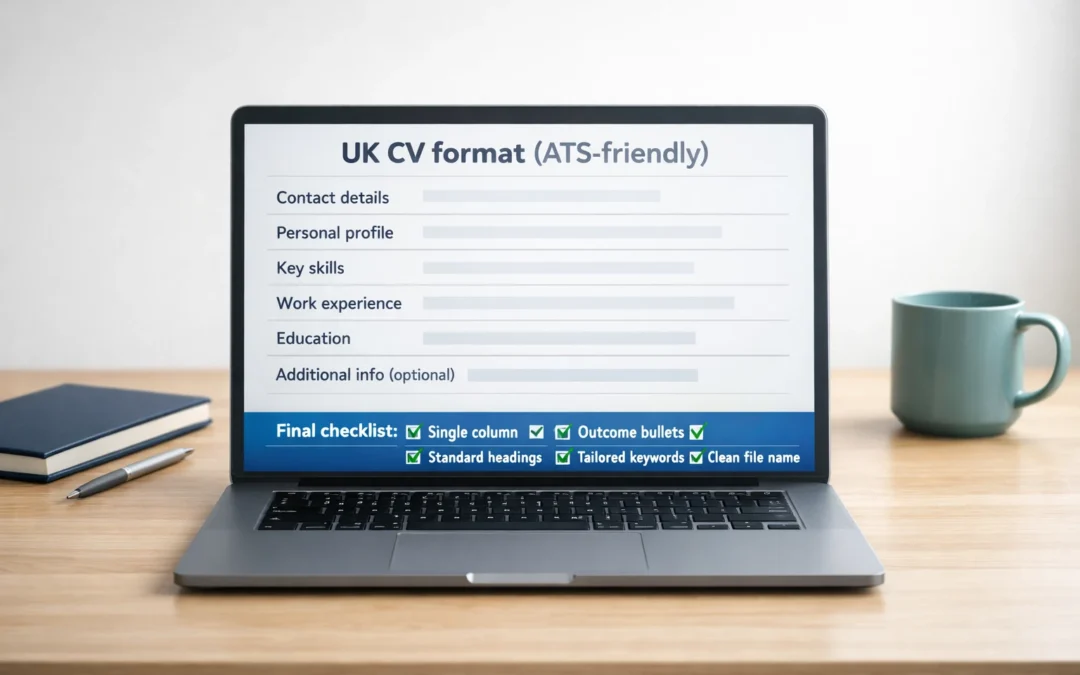 Short video of a minimalist UK desk scene with a laptop displaying an ATS-friendly UK CV layout, labelled sections, and a final checklist.