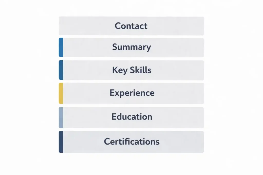 ATS CV optimisation UK: diagram showing an ATS-friendly UK CV section order from summary and skills to experience and education.