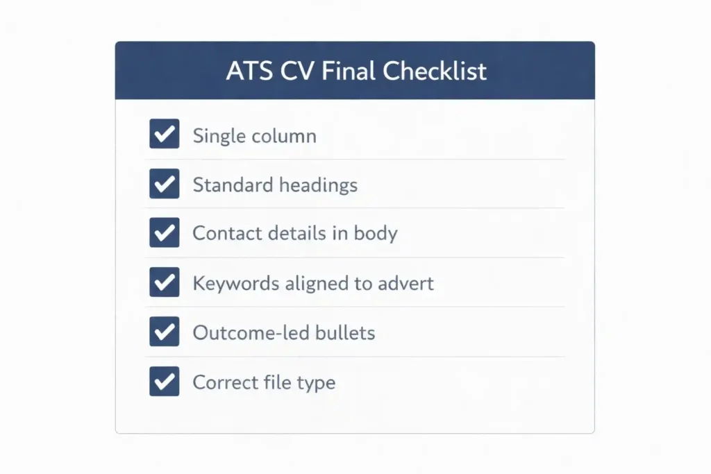 ATS CV optimisation UK: final checklist graphic covering formatting, headings, contact details, keywords, achievements, and file type.