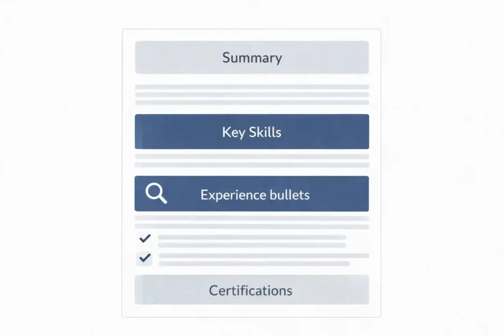 ATS CV optimisation UK: CV layout with highlighted areas showing where to place keywords in the summary, skills, and experience bullets.