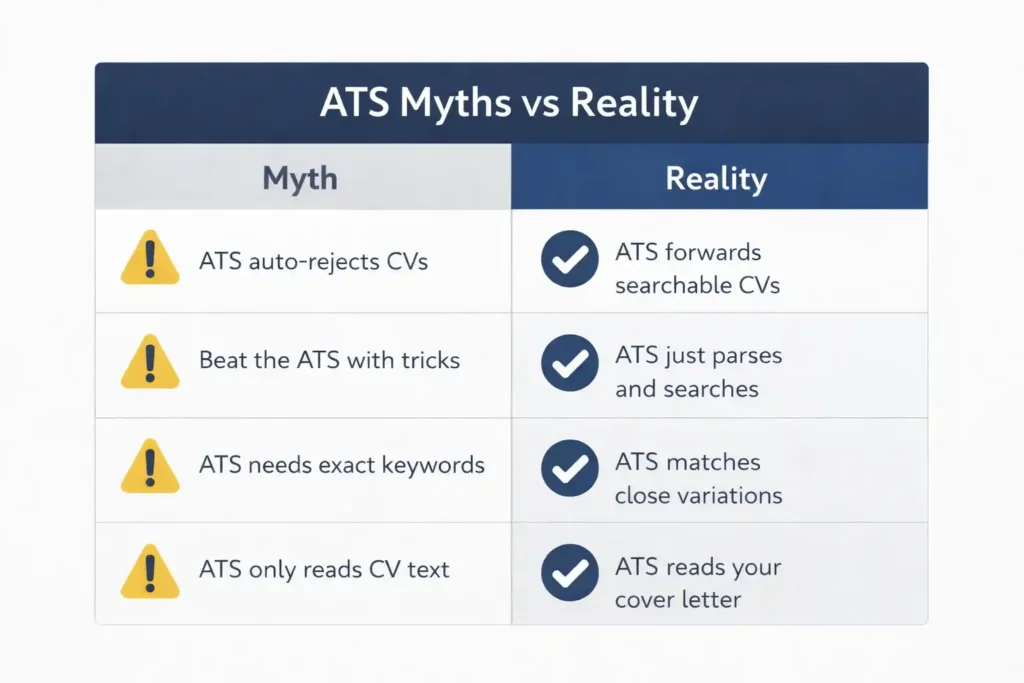 ATS CV optimisation UK: myth versus reality infographic showing common misunderstandings about applicant tracking systems.