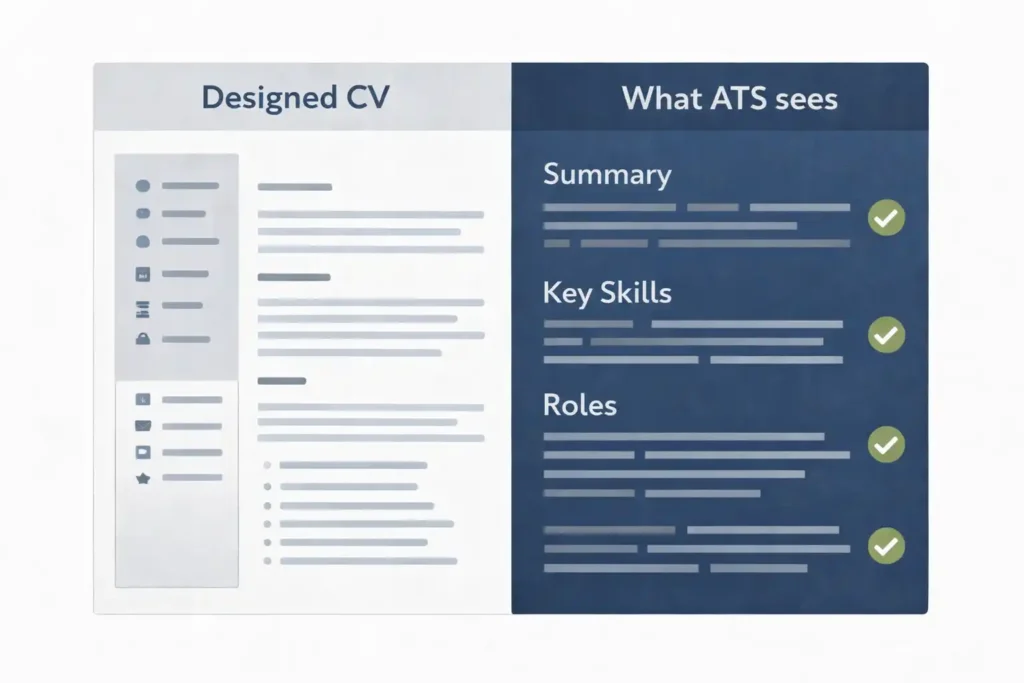 ATS CV optimisation UK: comparison of a designed CV layout versus a linear plain-text view showing how an ATS may read content.