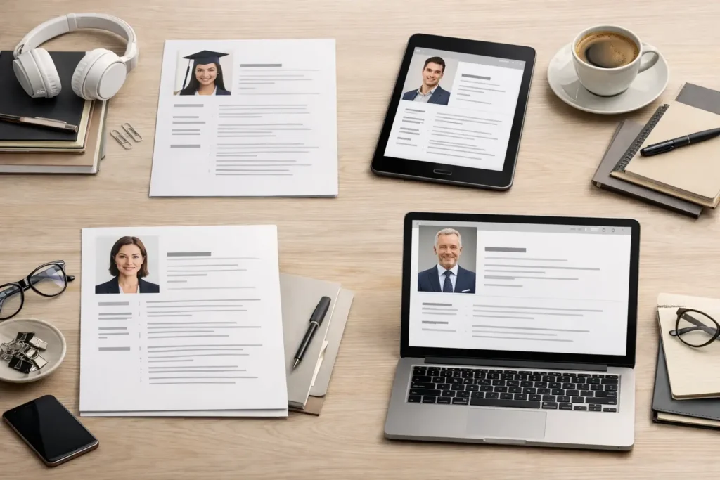 Editorial image for a UK CV advice article, showing several candidate personas and tailored CV profile examples for graduate, professional, manager, and executive levels.