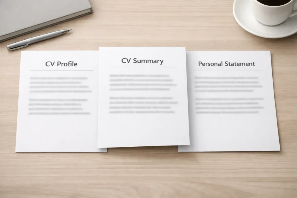 Comparison-style image for a UK CV writing article, visually showing the difference and overlap between a CV profile, CV summary, and personal statement.