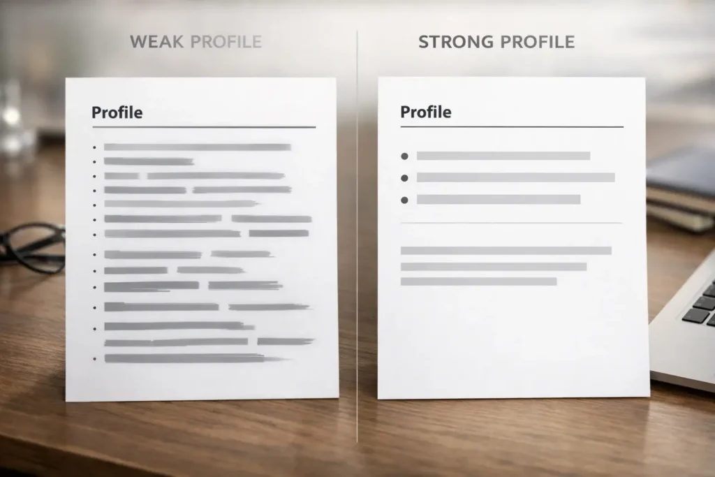 Before-and-after style image for a UK CV article, illustrating the difference between vague CV profile wording and stronger, evidence-led profile writing.