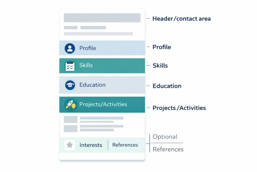 Diagram showing a single-column ATS-friendly CV structure for candidates with no experience.