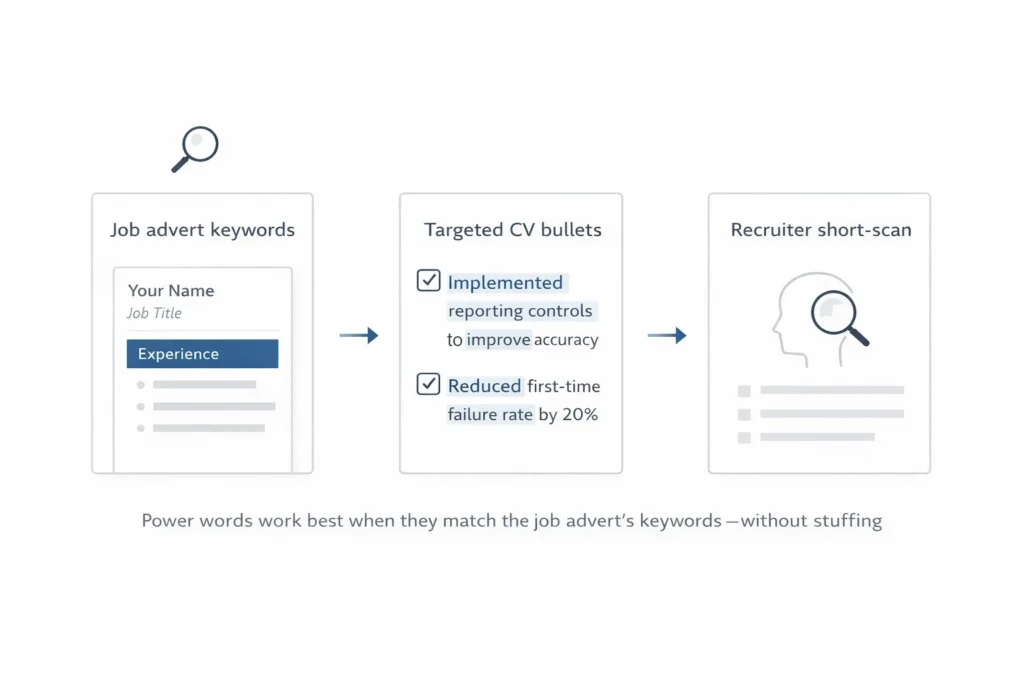 Action verbs and keywords improving CV visibility in ATS screening