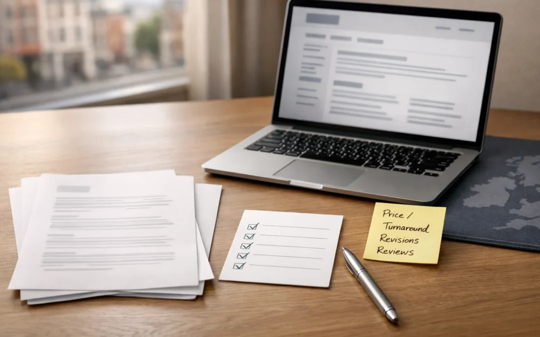 Photo-realistic UK CV writing services comparison scene with printed CV pages, checklist and laptop showing a review page, no logos.