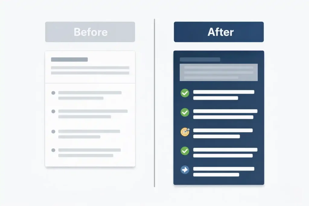 Before and after comparison showing vague CV bullet points versus specific evidence-based bullets