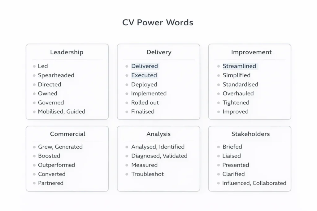 Copy-and-paste list of CV power words grouped by skill type