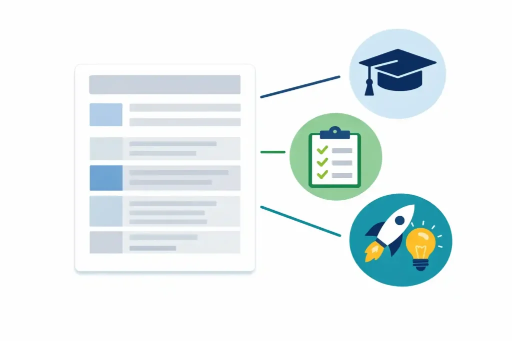 Simple visual showing skills, education and projects as proof on a first CV.