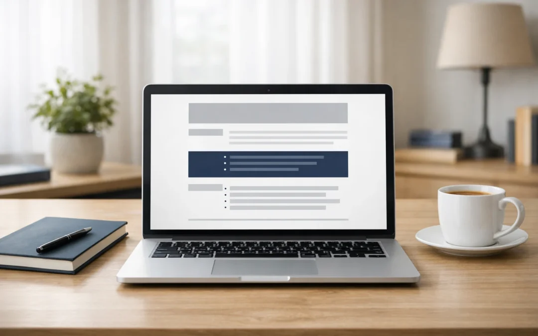 Executive CV examples UK guide shown on a laptop with a clean CV layout and subtle executive workspace background.