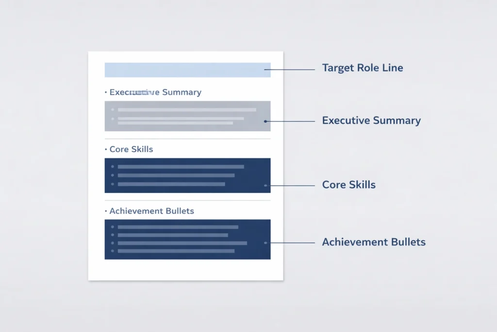Diagram showing where to place executive CV keywords across the target line, summary, skills clusters and achievement bullets.