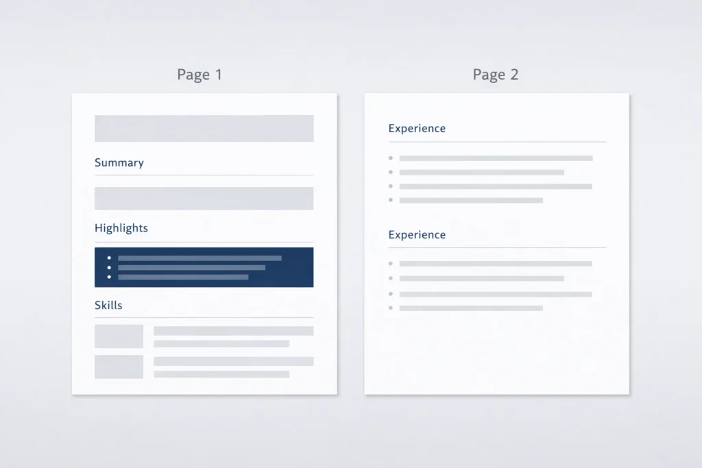 Two-page UK executive CV template wireframe showing a single-column structure for summary, highlights, skills and experience.