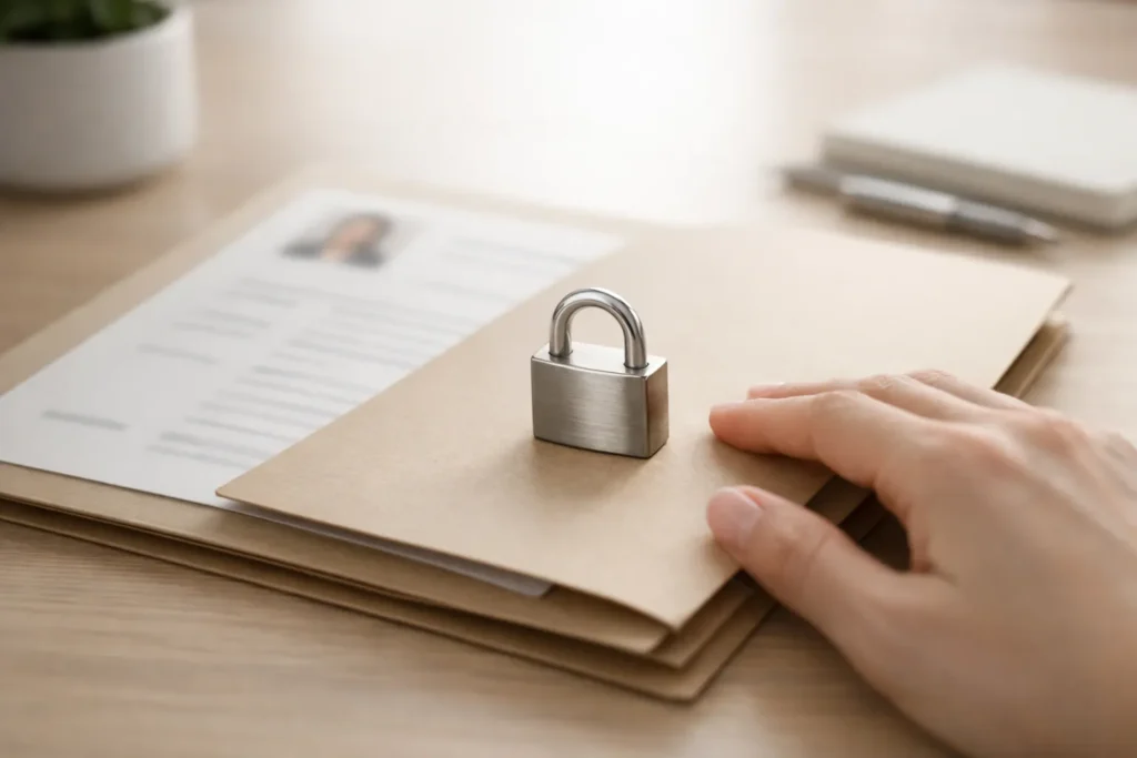 CV document folder with a padlock symbol representing confidentiality