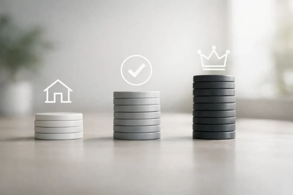 Three neutral pricing tiers shown as rising stacks with icons