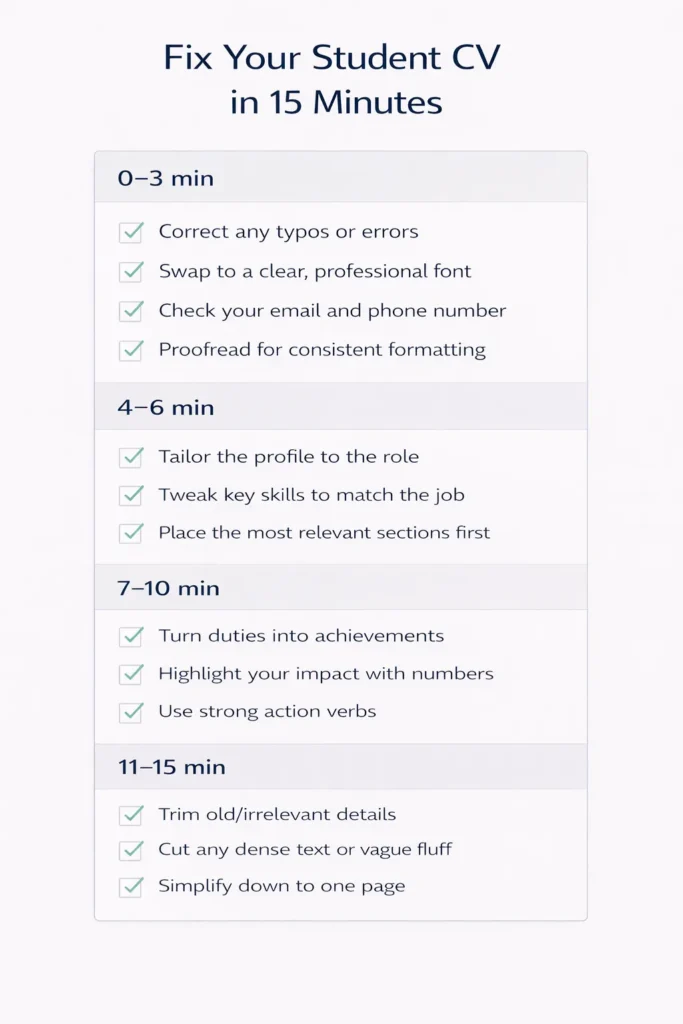 Checklist infographic for improving a student CV in 15 minutes