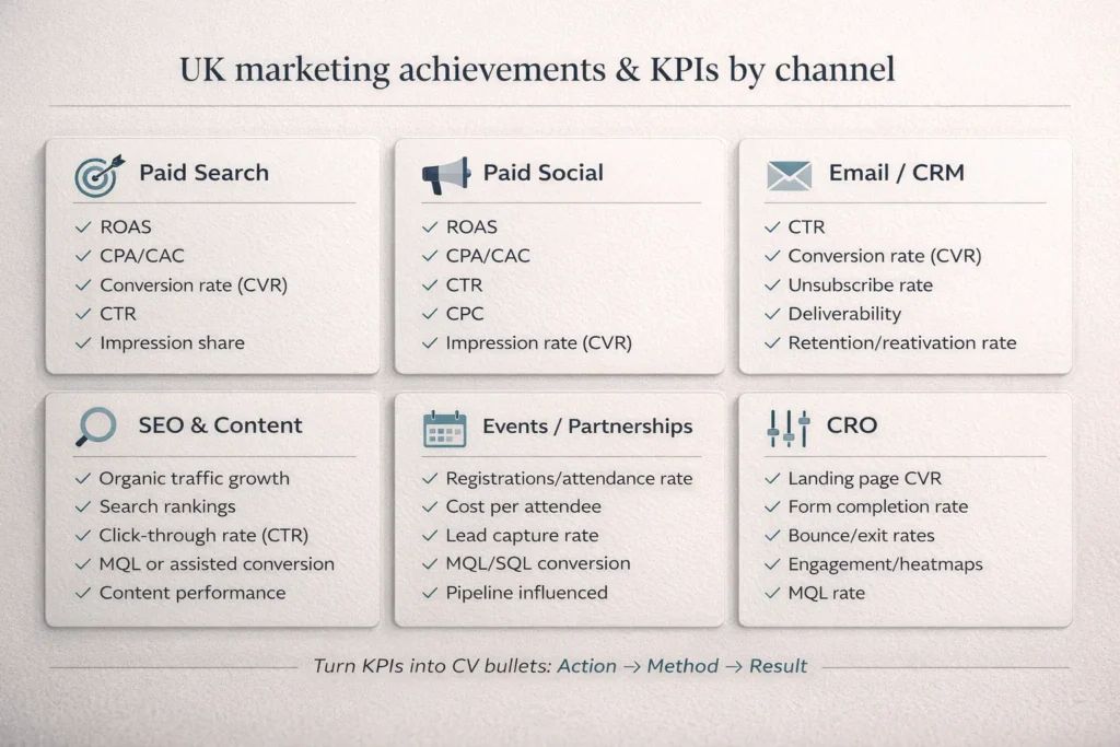 Marketing KPI bank by channel for a UK marketing executive CV
