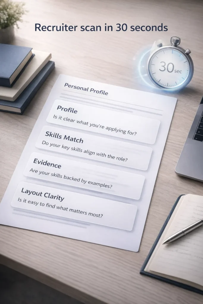 Diagram showing how recruiters scan a student CV in 30 seconds