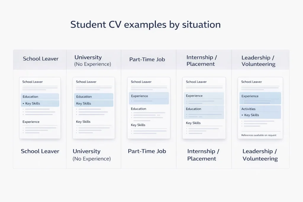 Comparison of student CV examples for different situations