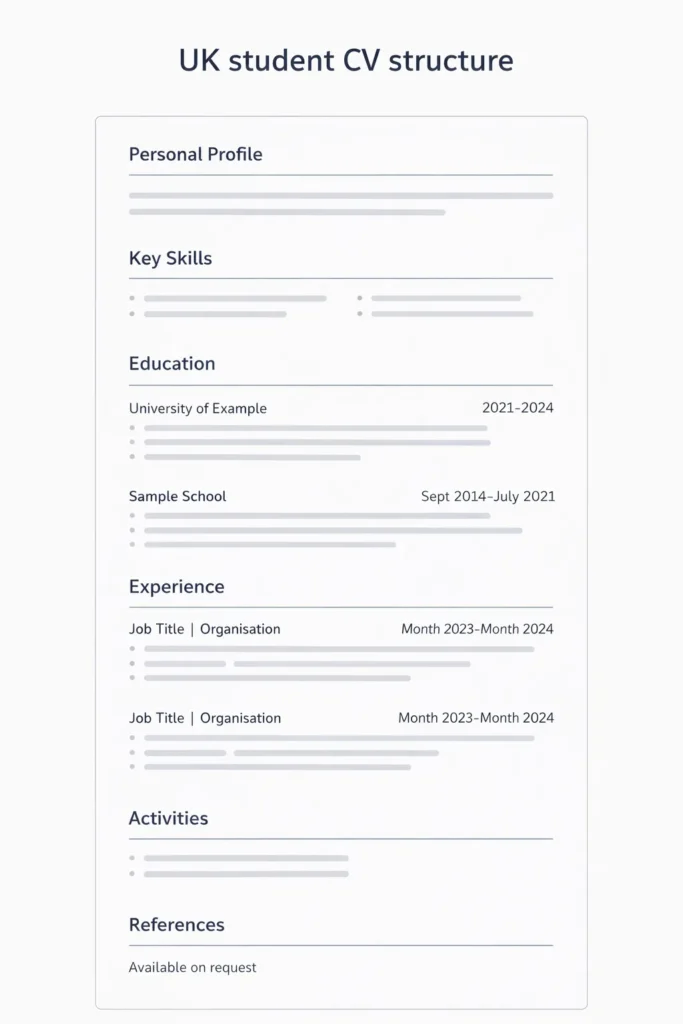 UK student CV structure showing section order and layout
