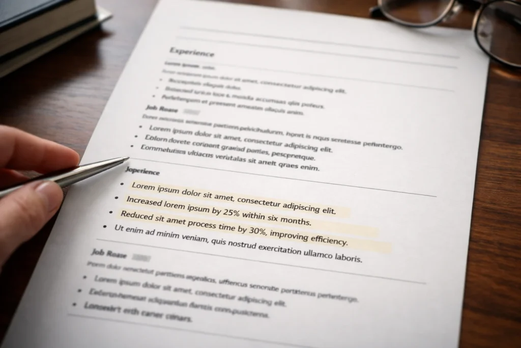 Professional CV document showing concise achievement-led bullet points highlighted on a clean single-column layout