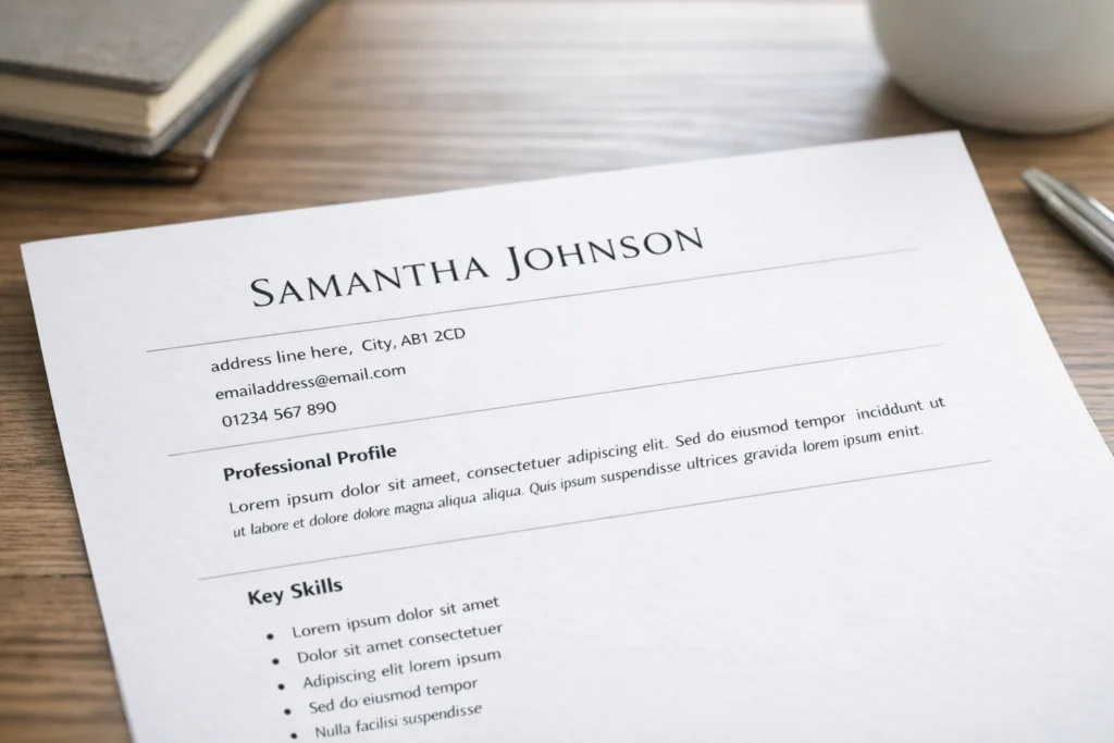 Close-up of the top section of a clean UK CV template showing name, contact details, profile, and key skills in a single-column layout