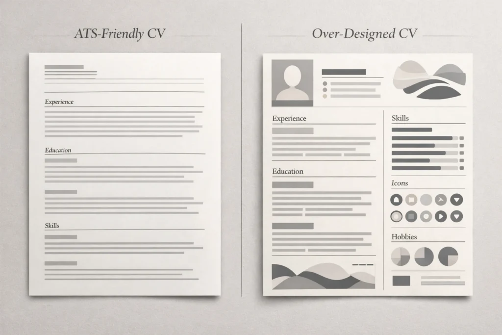 Comparison image showing a clean single-column ATS-friendly CV template next to an over-designed CV with columns, icons, and graphics