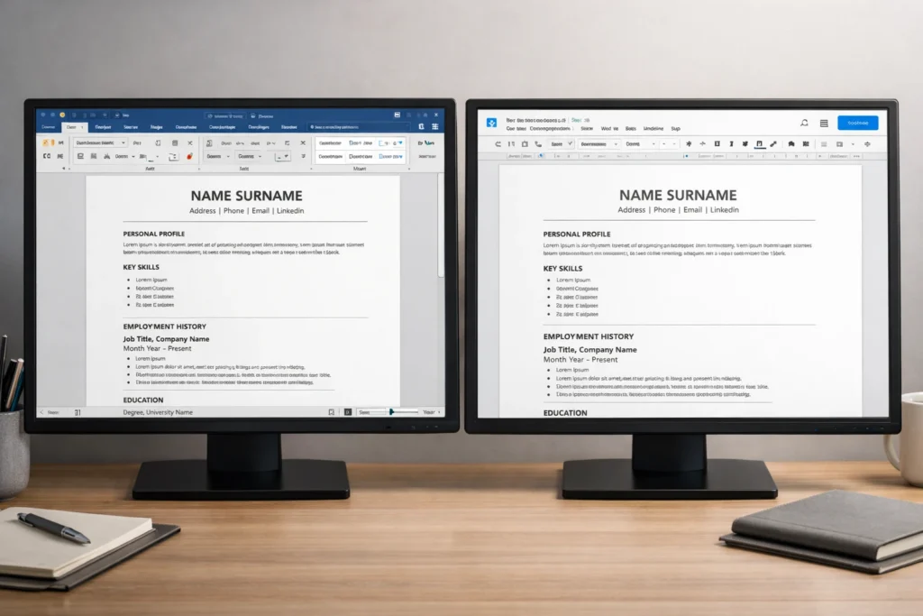 Side-by-side view of a simple UK CV template being edited in Word and Google Docs with clean margins, spacing, and headings.