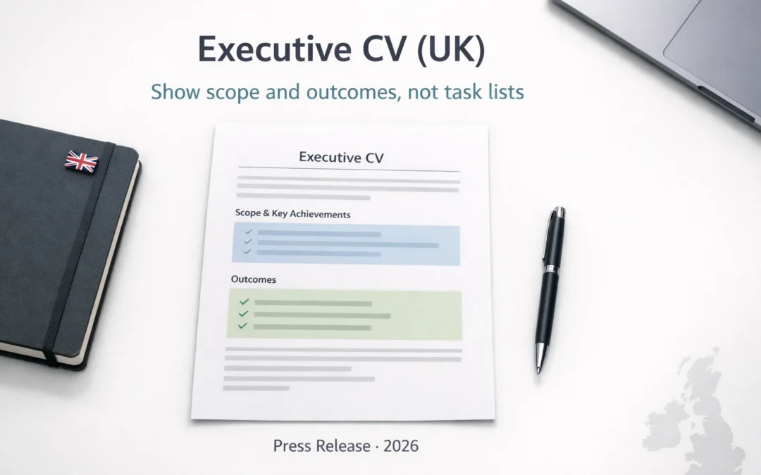 Executive CV UK feature image showing a clean CV layout with subtle highlights for scope and outcomes.