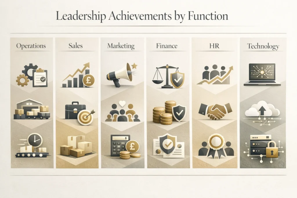 Premium infographic showing leadership achievement examples and KPI categories across operations sales marketing finance HR and technology