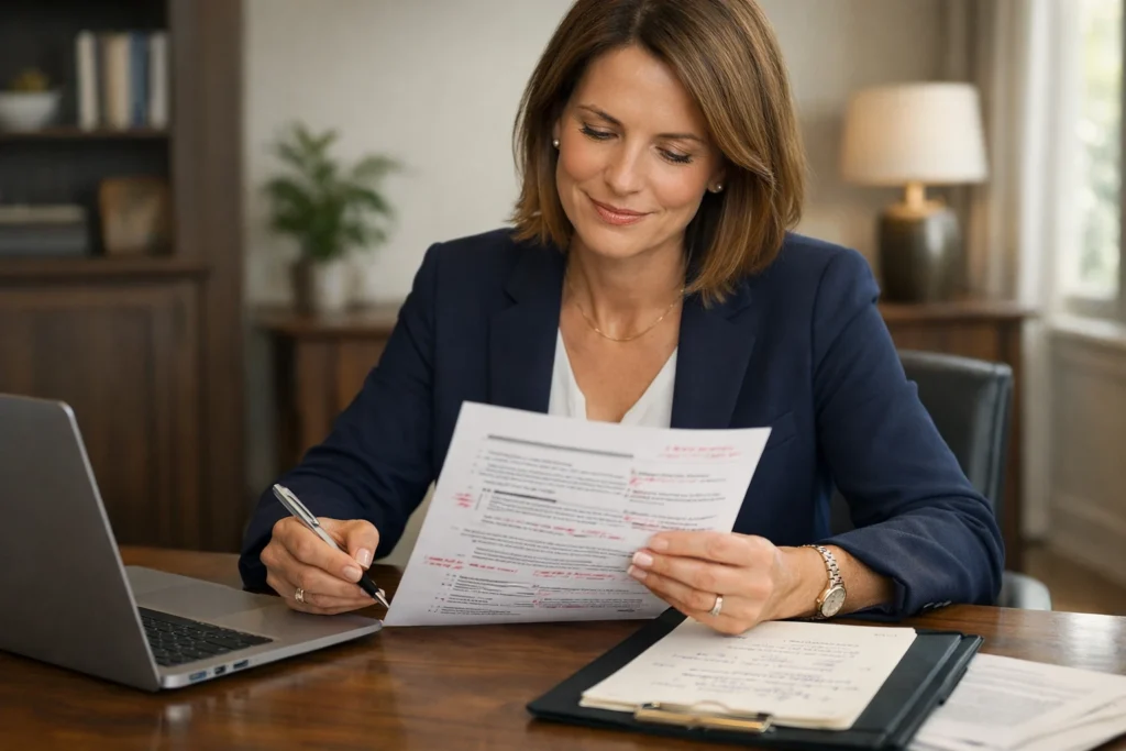 Professional CV consultant reviewing a leadership CV with notes in a premium UK office setting