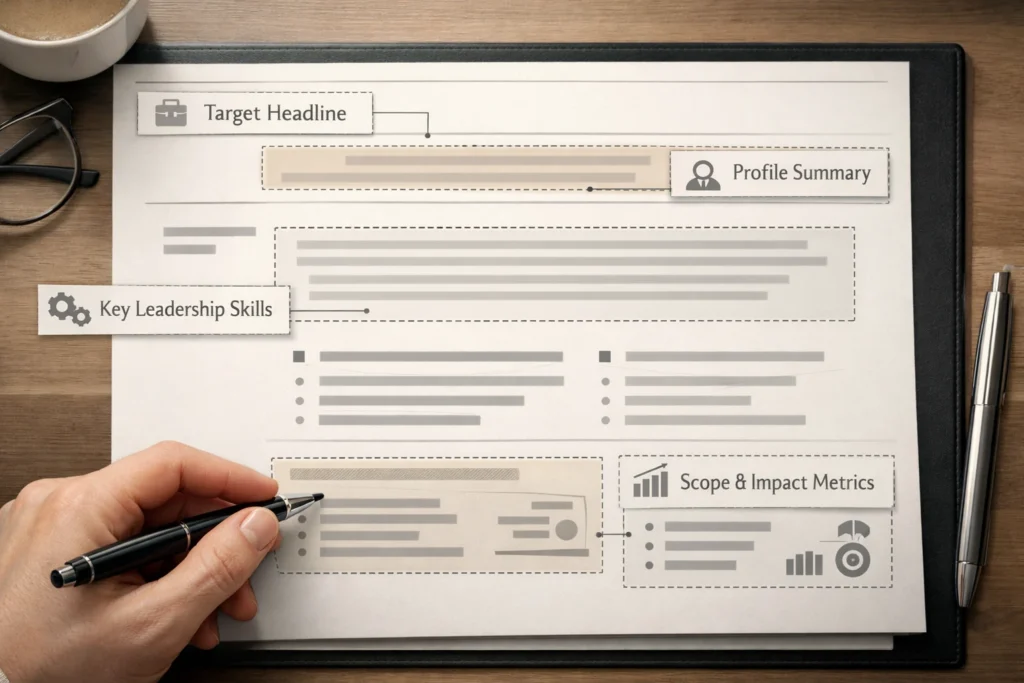 Illustrated recruiter-style scan of the top third of a UK leadership CV showing headline profile skills and evidence cues