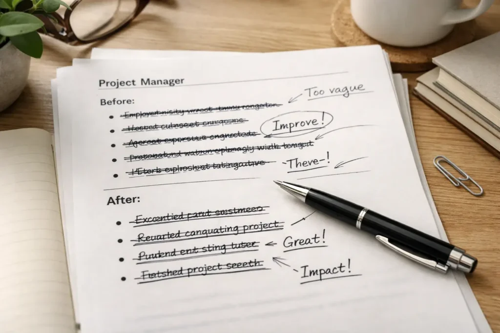 Edited project manager CV bullet points showing improvement from generic duties to measurable impact statements