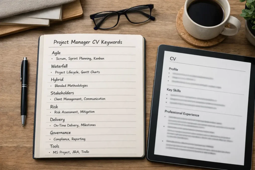 Project manager CV keyword planning with notes for Agile, Waterfall, hybrid delivery and PM tools