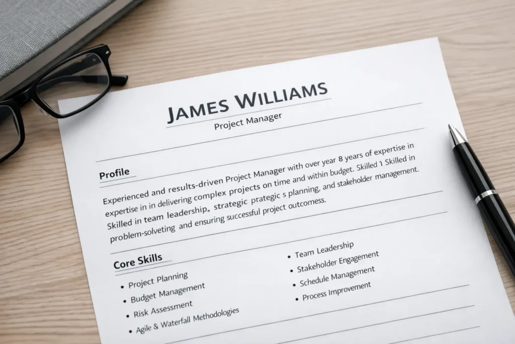 Top section of a UK project manager CV showing headline, profile and core skills in a clean ATS-friendly layout