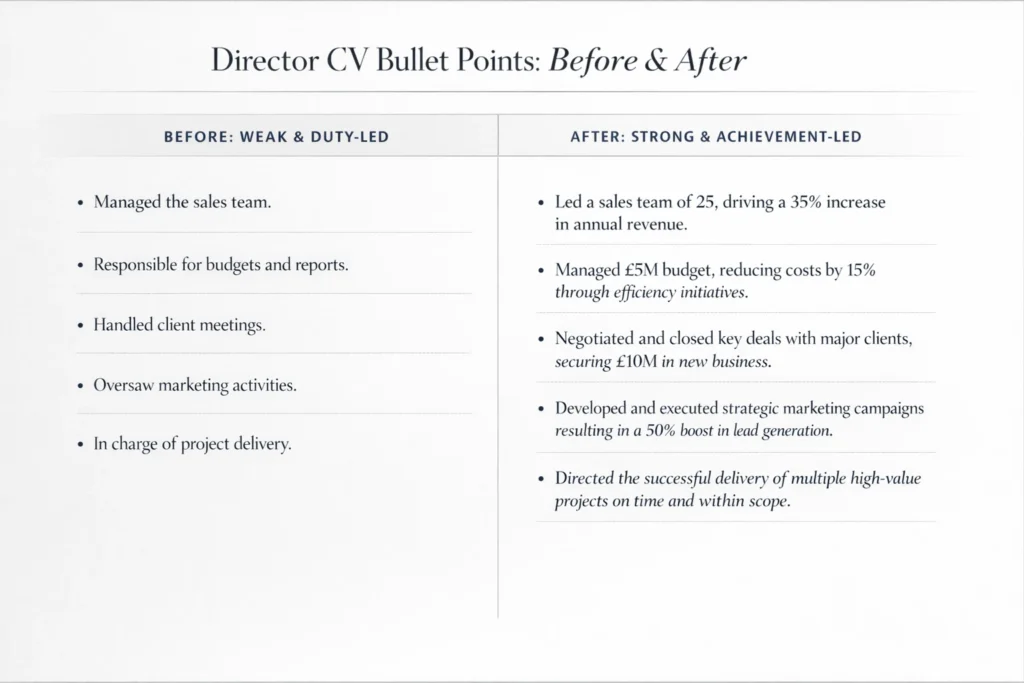 Side-by-side comparison showing weak director CV bullet points rewritten into stronger achievement-led examples