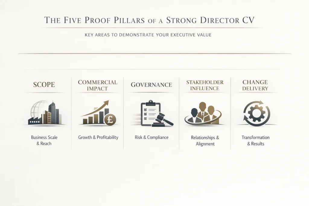Diagram showing five pillars of a strong director CV: scope, commercial impact, governance, stakeholder influence and change delivery