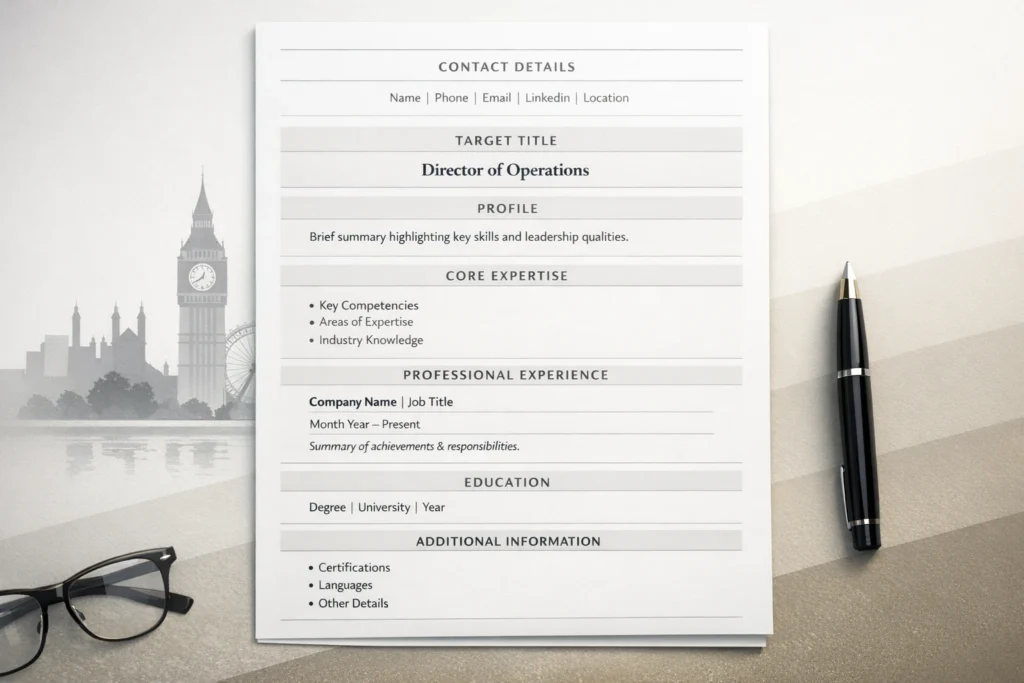 Visual guide showing the ideal structure of a UK director CV with sections arranged in recommended order