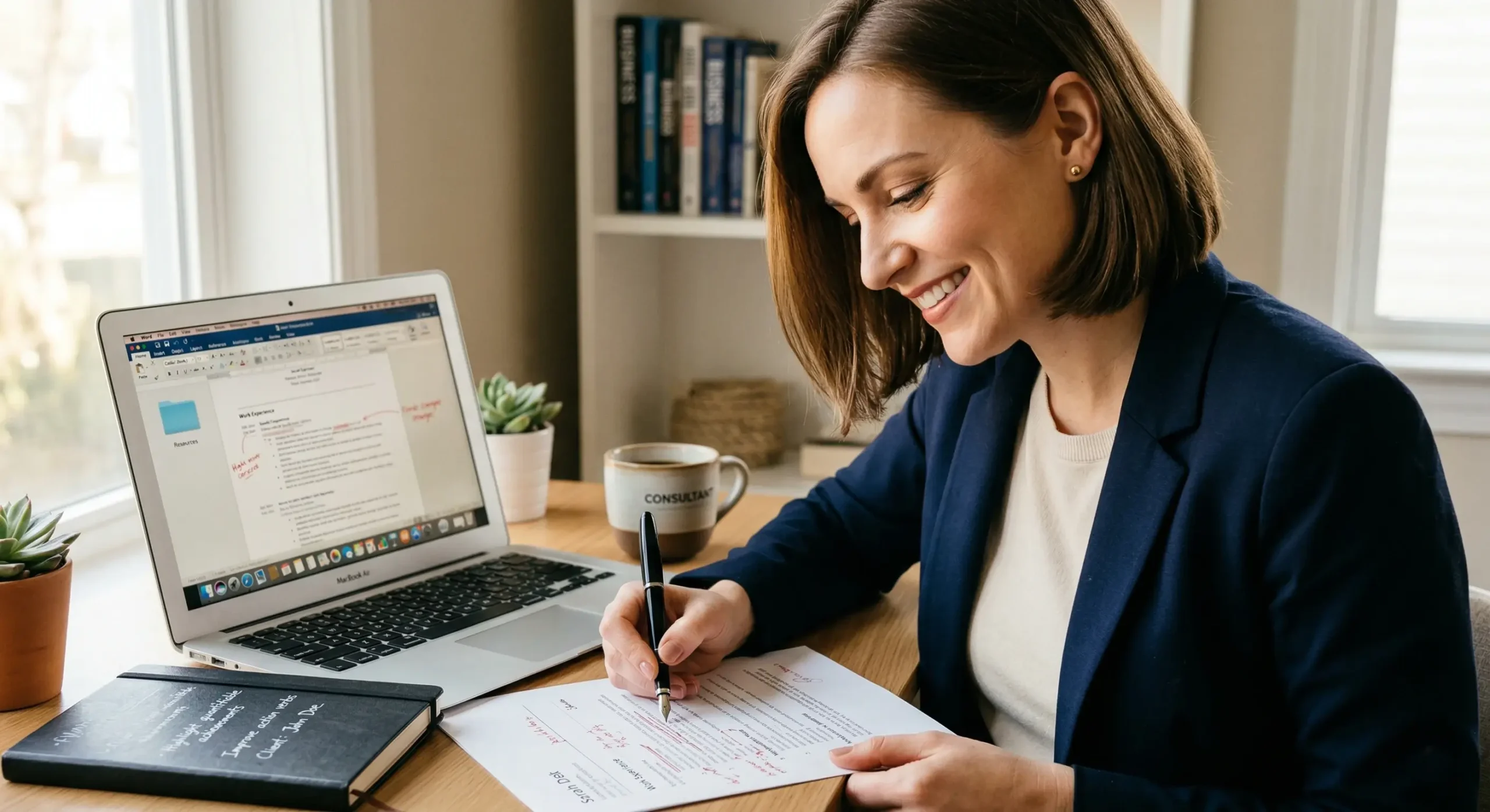 Close-up of a CV consultant reviewing and editing CV content beside a laptop and notebook