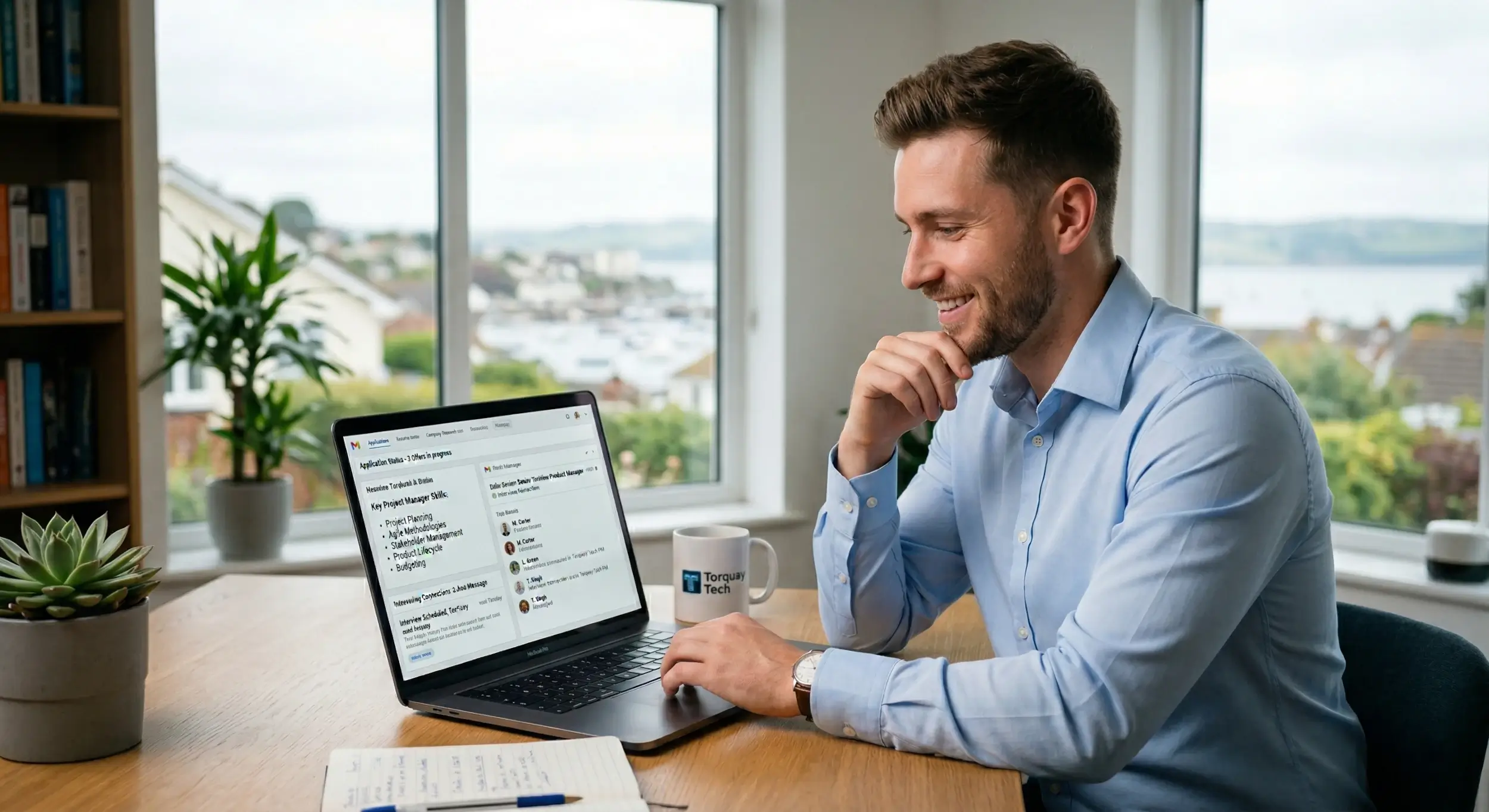 Business professional looking pleased while reviewing positive job search progress on a laptop