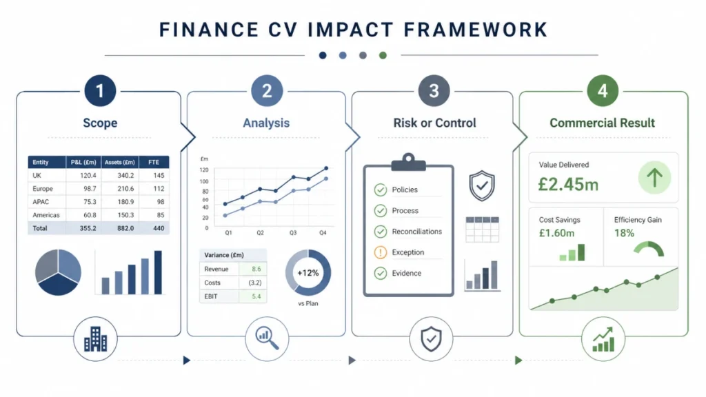 Finance CV proof framework showing scope, analysis, risk or control, and commercial result