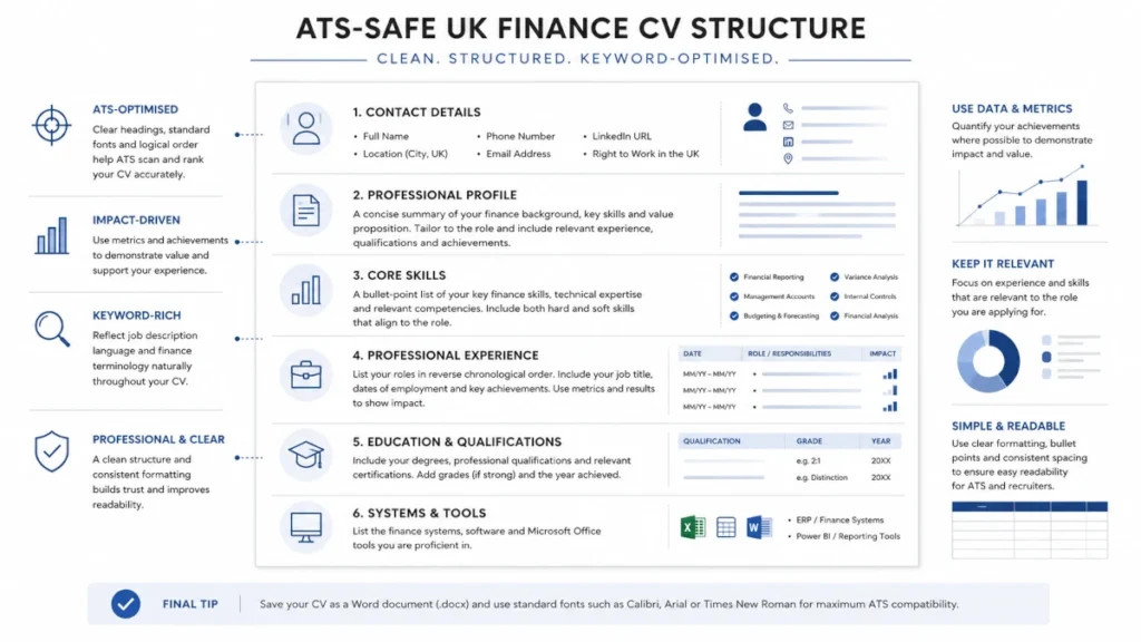 ATS-safe finance CV structure template showing profile, skills, experience, qualifications and systems sections